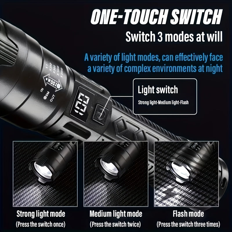 1 Set of 4 Rechargeable High-Power LED Flashlights with Zoom Focus, Ultra-Bright Long-Distance Beam, Tactical Work Light, Ideal for Camping, Hunting, Hiking & Emergency, LCD Digital Display, Perfect for Fishing