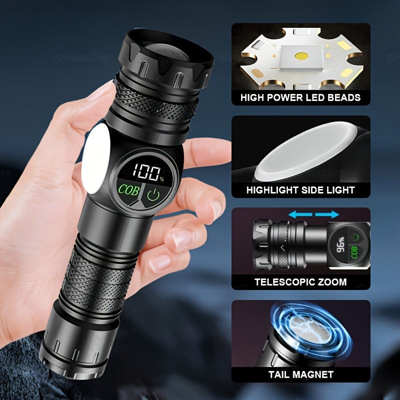 Super Bright USB Rechargeable LED Flashlight, Magnetic Base, 5 Lighting Modes, Digital Display, Type-C Fast Charging, Perfect for Outdoor Activities, Emergencies and Camping
