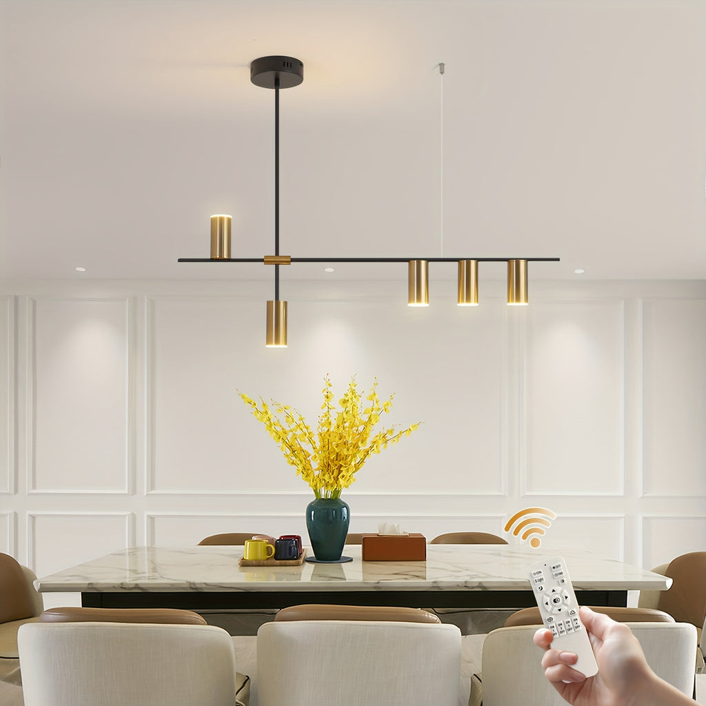 Adjustable dimmable linear pendant light, with remote control, modern LED pendant light design, polished metal lamp head, black and gold hanging light, suitable for kitchen island, dining room and living room