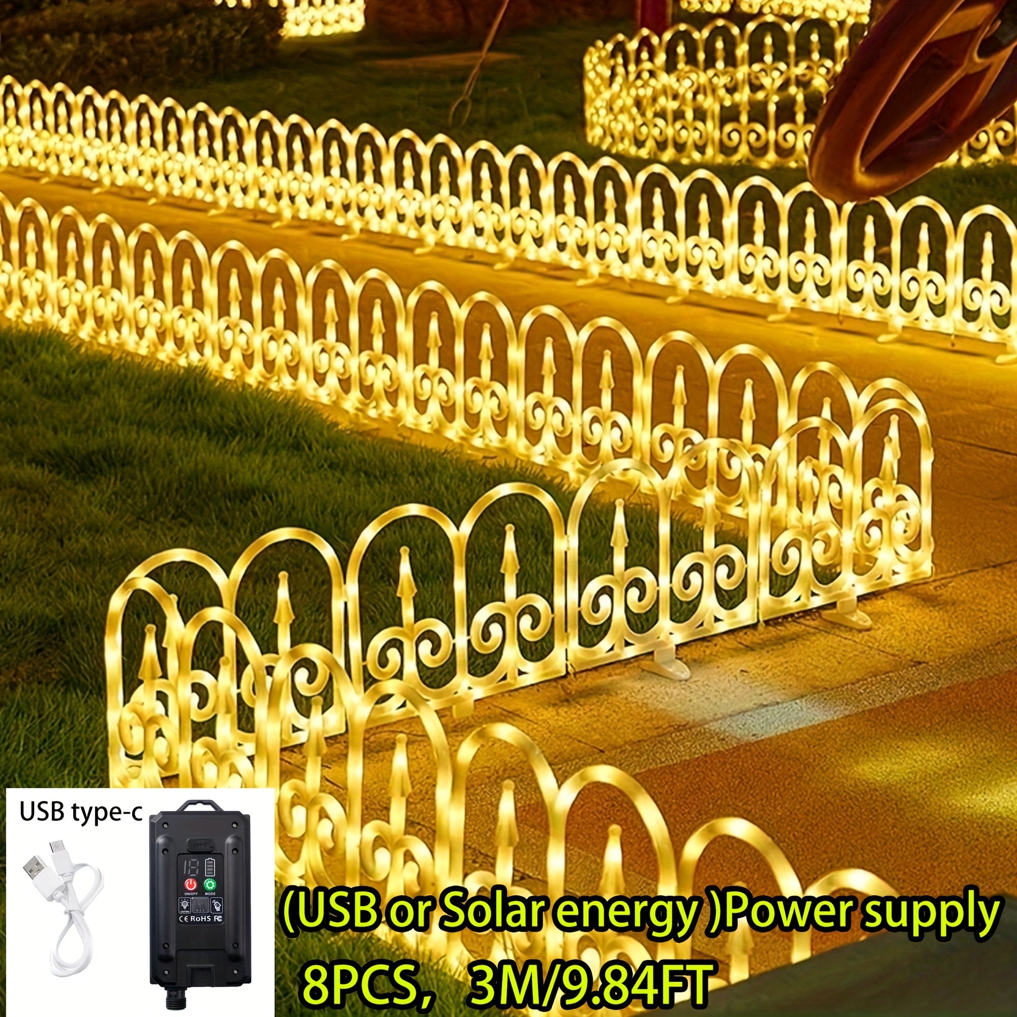 8-Piece Outdoor Solar Fence Light, Solar/USB Dual Power Supply, Warm Light / Color Light Optional, Suitable for Friend Gathering Decorative Atmosphere Light, Valentine's Day Decoration, Proposal Arrangement, Shop, Patio