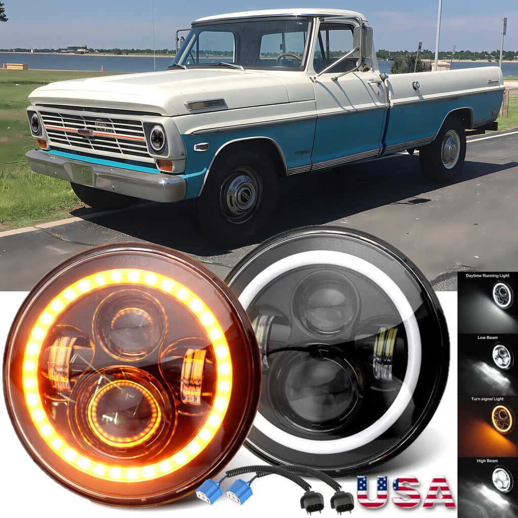 Set of 7-Inch Round LED Headlights (2 Pieces) or Set of 4-Inch Fog Lights (4 Pieces) plus 7-Inch Headlights for F-100, F-250 and F-350 Trucks, as well as Chevy Nova, Camaro and C10 Models