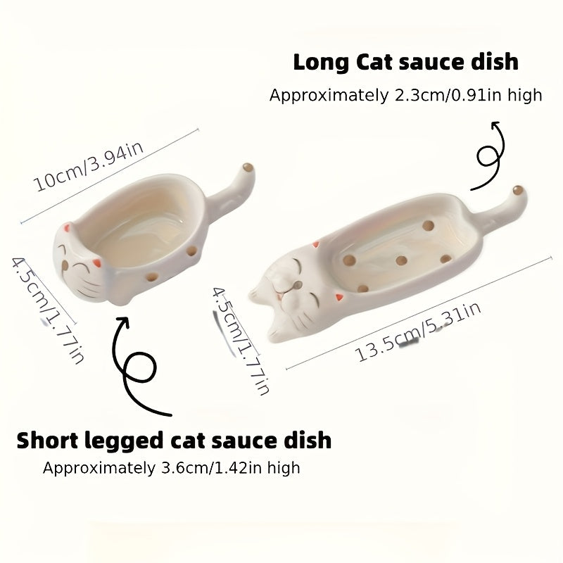 2Pcs/1Set Cat Ceramic Sauce Dish, Ins Japanese Style Cute Cat Multi-Functional Seasoning Tray 10*4.5cm/3.94*1.77in, Chopstick Rest, Small Plate for Snacks, Sushi, Soy Sauce Dip 13.5*4.5cm/5.31*1.77in