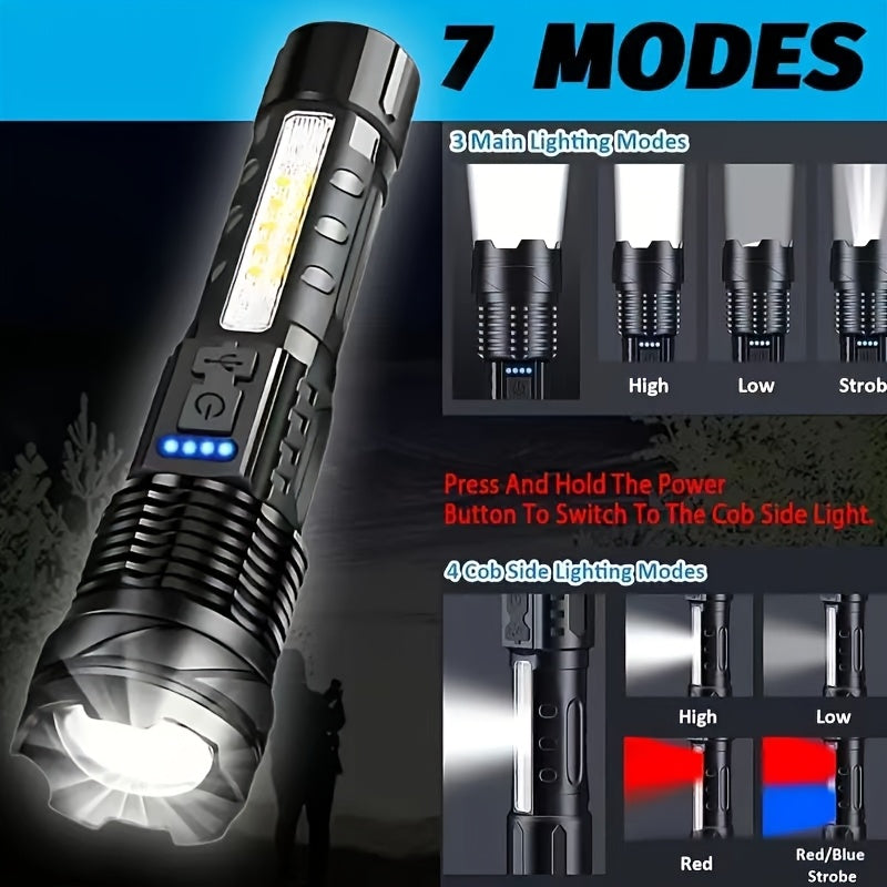 Set of 2 Rechargeable LED Flashlights, COB Floodlight, Powerful USB Charging, Matte ABS Material. They Deliver 150-350 Lumens Brightness, Battery-Powered with Lithium Battery, Perfect for Outdoor Activities Like Camping