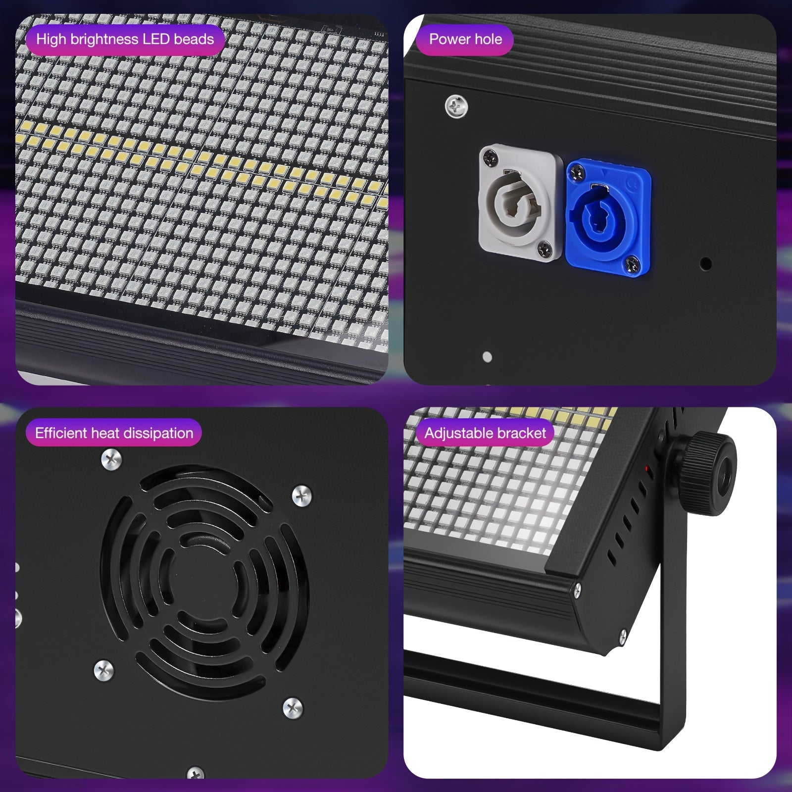 Professional LED stage lighting - 8-channel DMX512 strobe, chase light, with 8-level speed and color-changing effects, 960 pieces 5050 LED beads, 200W, universal voltage 110-240V, suitable for DJs, theaters, concerts