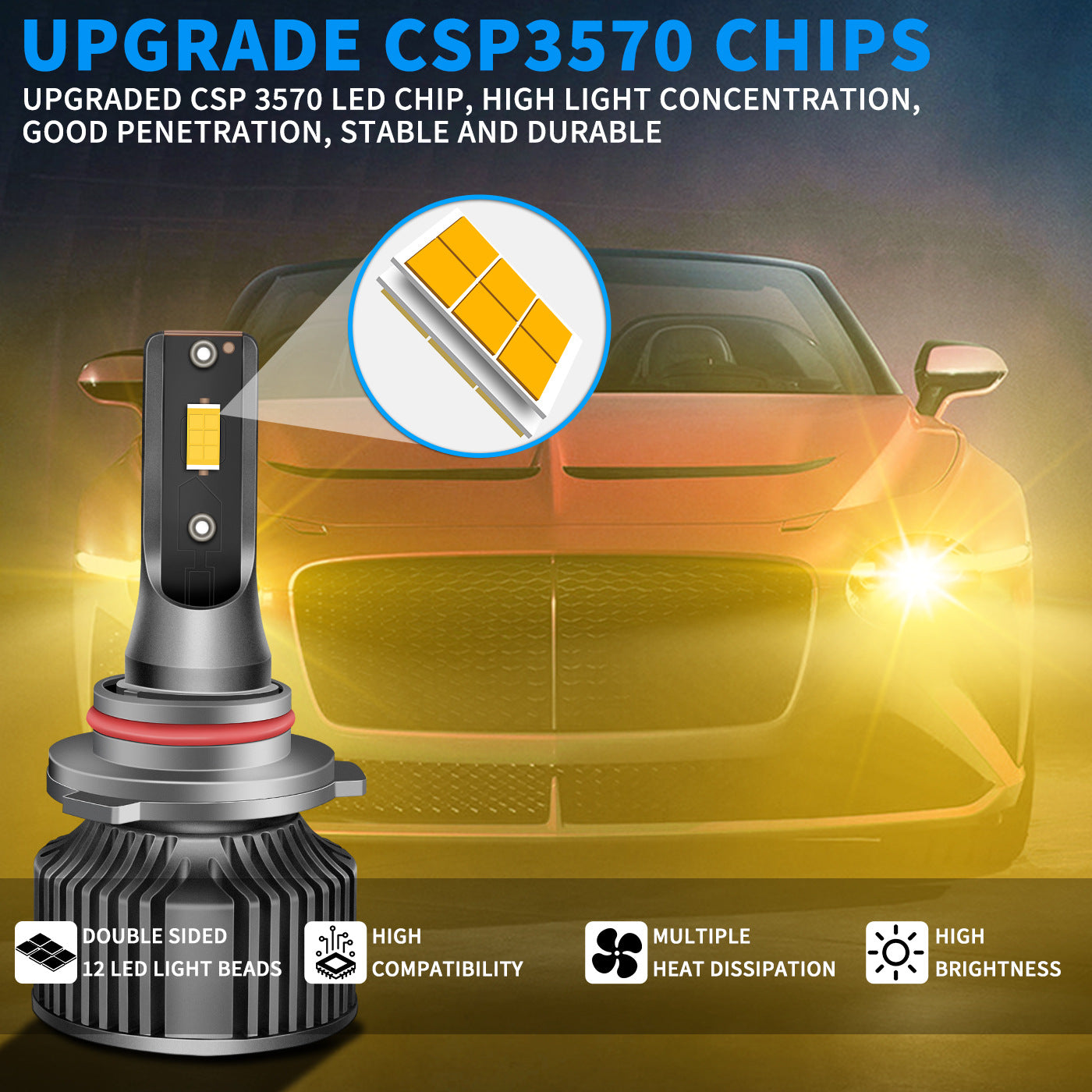 2-Pack 3000K Golden Eye Car LED Headlights H11 Golden Light 9006 Super Bright H3 Anti-Fog Light H8 Fog Light Psx26w