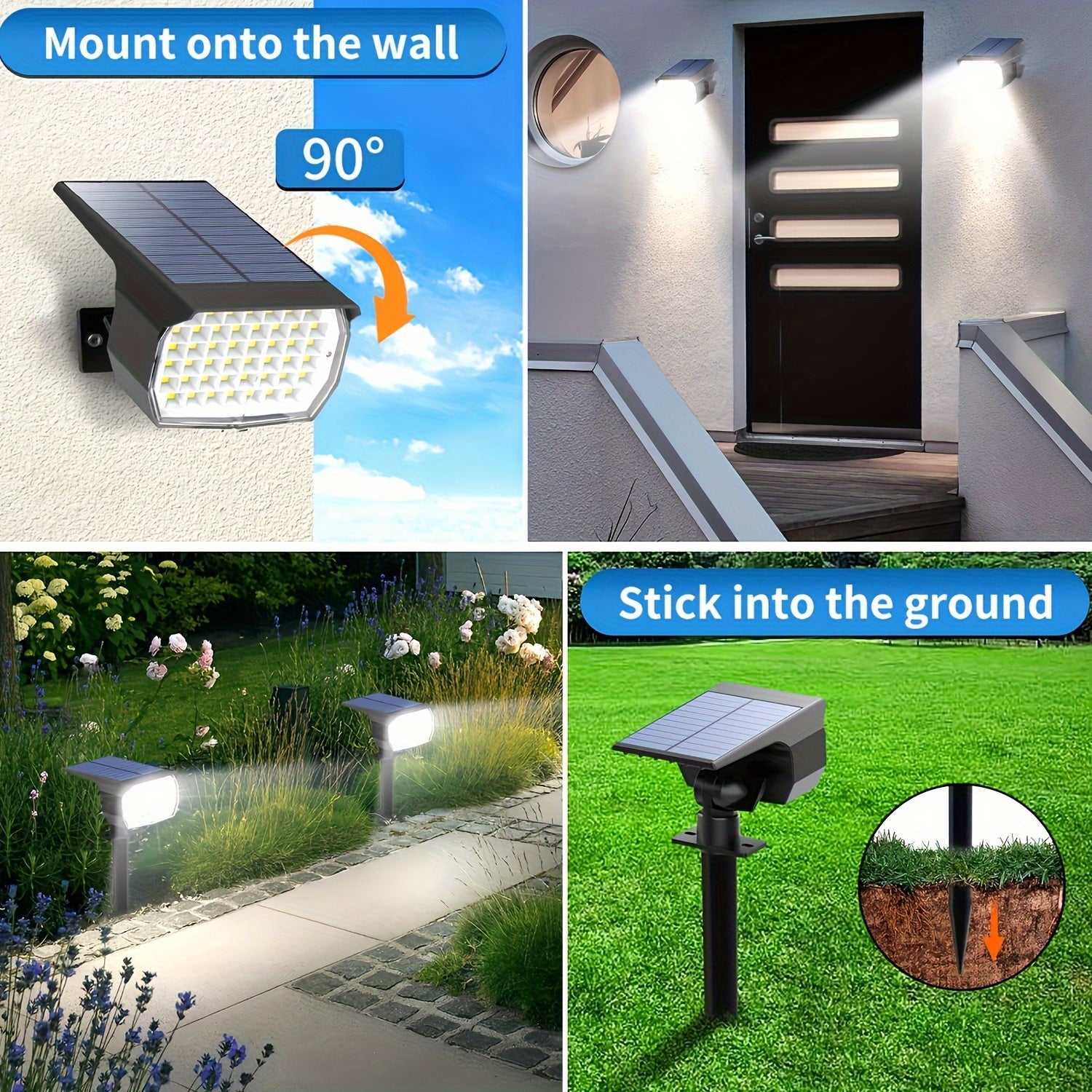 2/4/6-pack outdoor solar lawn lights, 46 LED ultra-bright solar yard lights, courtyard outdoor pathway lights, 3 brightness modes, solar spotlights, for yards, paths, courtyards, garages, lawns, pathways, cool white light. Wall light