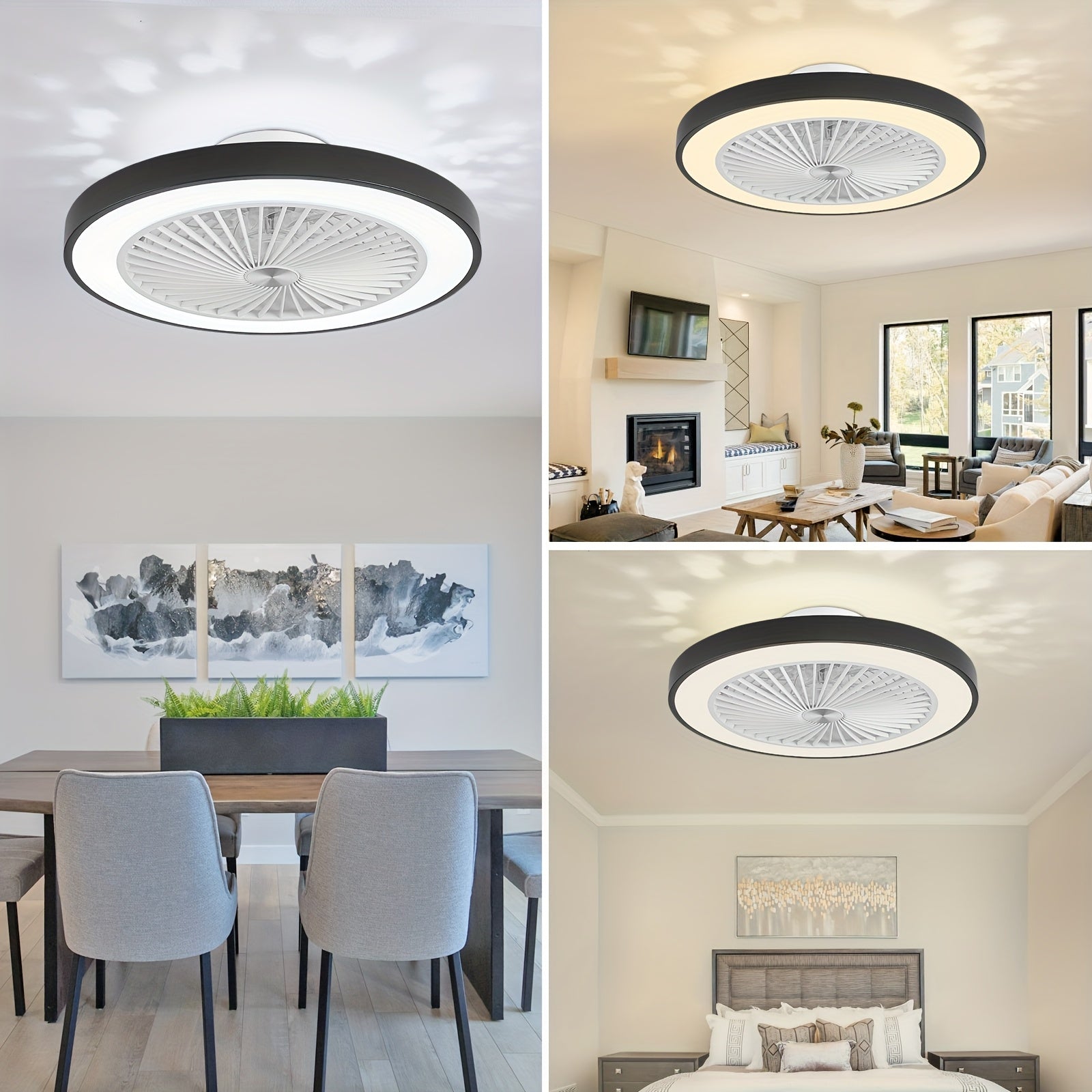 Low Profile Flush Mount Ceiling Fan with Light, 6-Speed Dimmable Bladeless Reversible Fan Light, Suitable for Bedroom, Dining Room, Living Room, Kitchen
