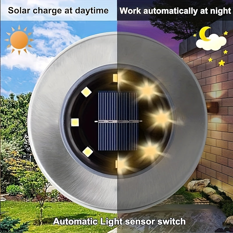Solar Ground Spotlight Geometric Light, Stainless Steel Warm White Outdoor Landscape Light, 8LED Rotating Disc Light, Garden Viewing Light, Floor Lamp, Corridor Courtyard Patio Lawn Decorative Lighting, Solar Garden Light