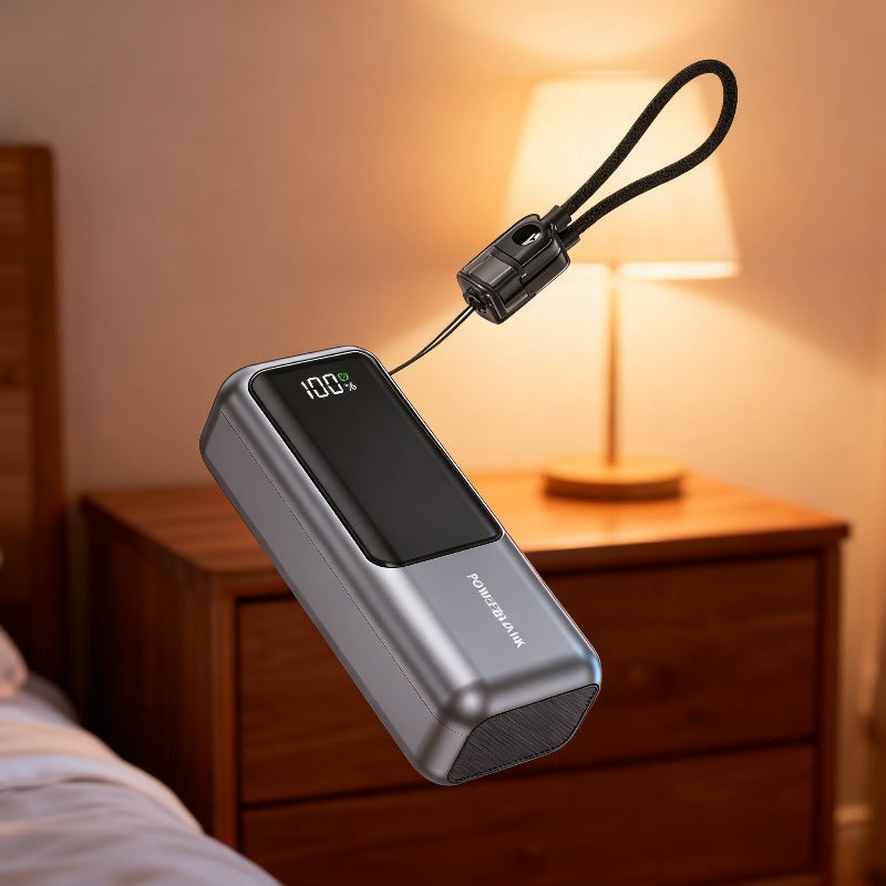 Ultra-Thin Portable Power Bank with Built-in Cable & Fast Charging Suitable for Travel, 10000mAh, USB-C Charger, LED Display, USB-C to USB-C/USB-C to USB- Cable Compatible for Smartphones Tablets Cameras, Compact Mobile Charger