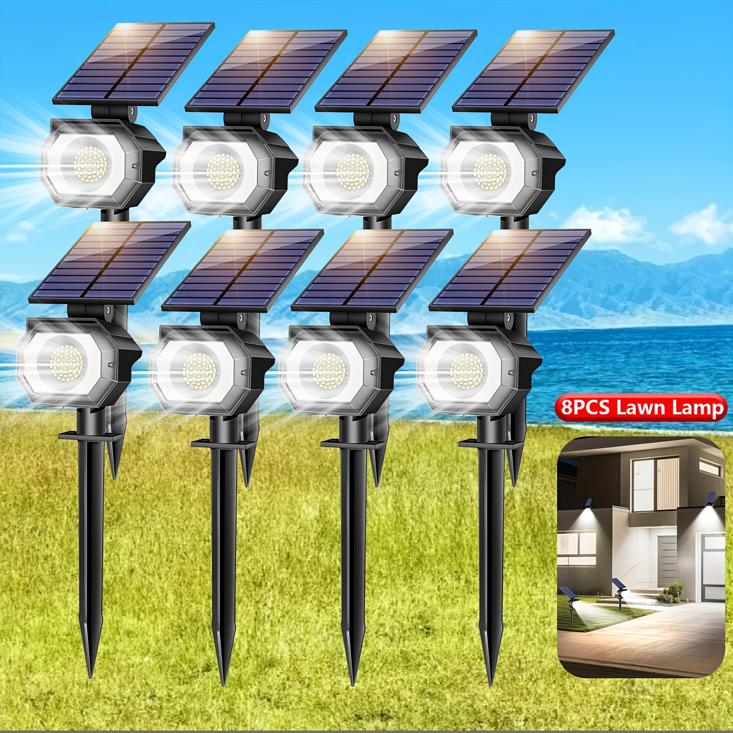 Outdoor Solar Garden Light 8-Piece Set, Suitable for Courtyard, Waterproof Design (IP65), 3 Lighting Options, Wall-Mountable, Light Sensor, Automatically Turns On at Night, Perfect for Floors, Porches and Gardens