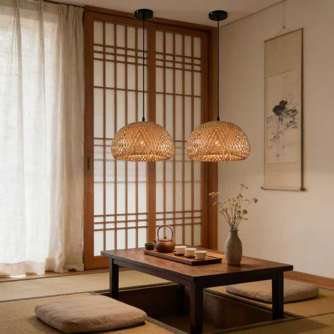 Two-pack, bamboo pendant light, 1 bohemian round basket pendant light hand-woven pendant light, natural bamboo rattan hanging pendant light, suitable for kitchen island, dining room, living room, porch.