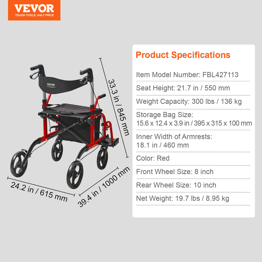VEVOR 2合1助行器与轮椅，折叠式滚轮助行器，带脚踏，轻质铝合金，带可调节手柄，多地形轮，300磅承重，黑色/红色/蓝色