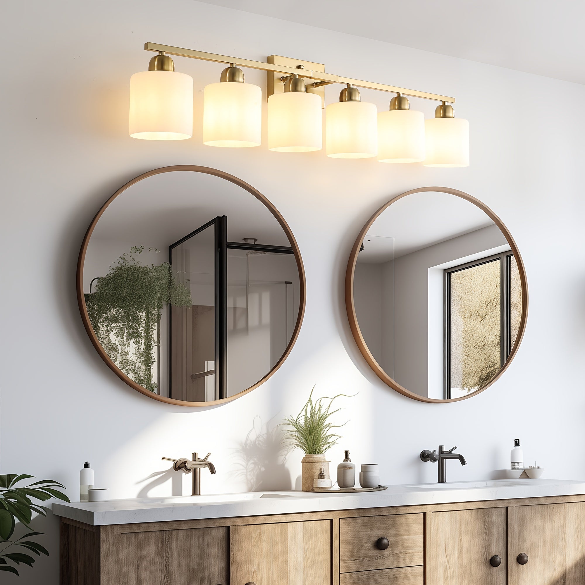 38-Inch 6-Light Bathroom Mirror Light Fixture (Copper), Stylish Modern Bathroom Wall Light, Wall-Mounted Lighting with Metal Frame and White Jade Glass Shade, Perfect for Mirror, Bedroom, Living Room and Hallway (E26 Bulb Base, Bulb Not Included)