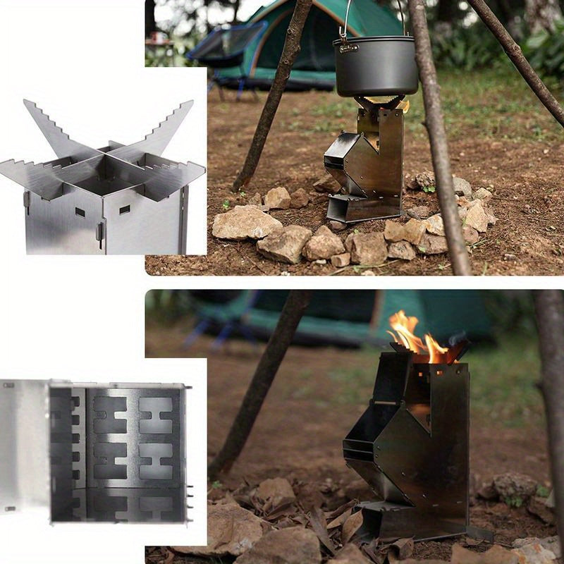 Portable Stainless Steel Outdoor Rocket Stove – Foldable Wood-Burning Camping Stove with Chimney Effect, Lightweight Wood-Burning Cooker for Camping, BBQ, Backyard – No Propane Needed, Ash-Free Operation, Includes Storage Bag