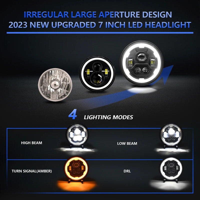 One Car LED Headlight, 7-Inch Round Gear Angel Eye Dual Color Daytime Running Light, Turn Signal, H4 High/Low Beam Integrated High Brightness Cool Headlight, Headlight Assembly, Motorcycle Spotlight