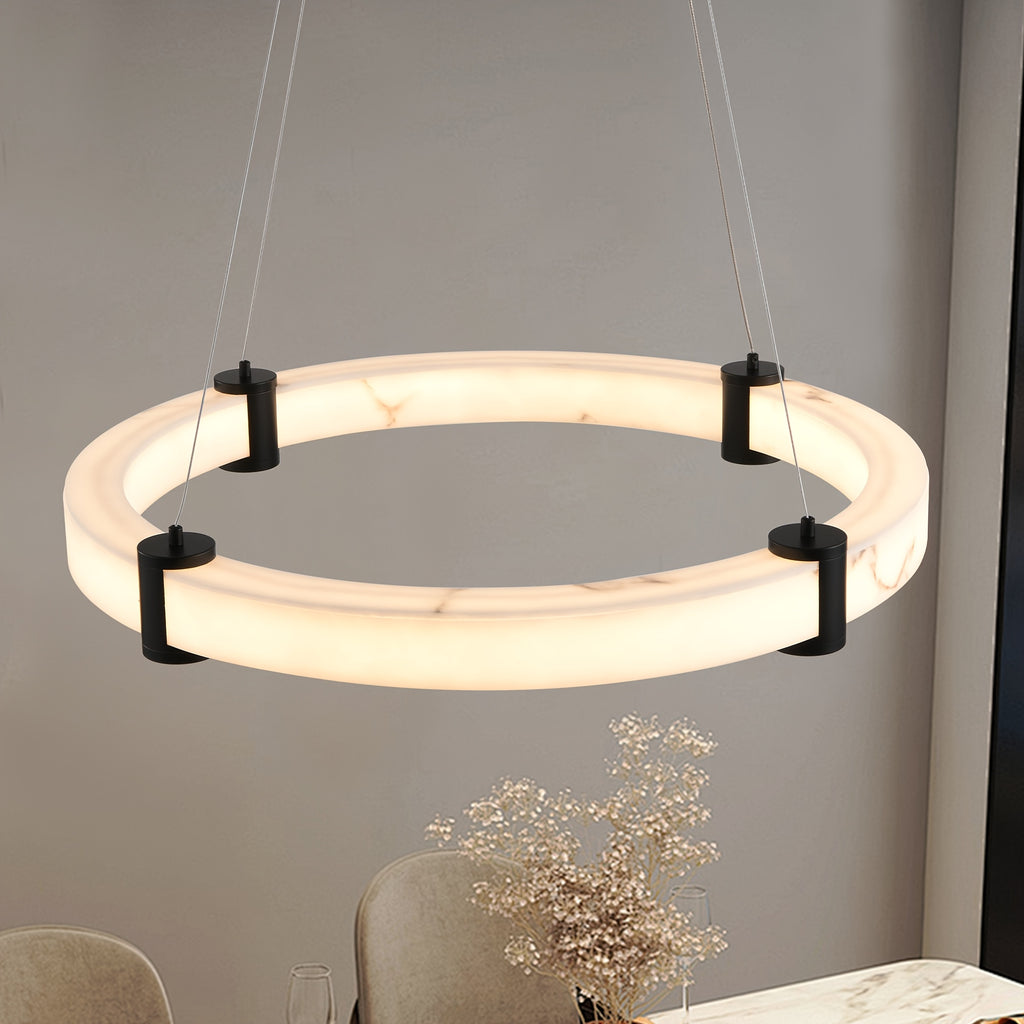 23.6-inch modern LED pendant light, round height-adjustable pendant light, warm light, faux marble finish resin ring ceiling light, suitable for dining room, kitchen island, living room