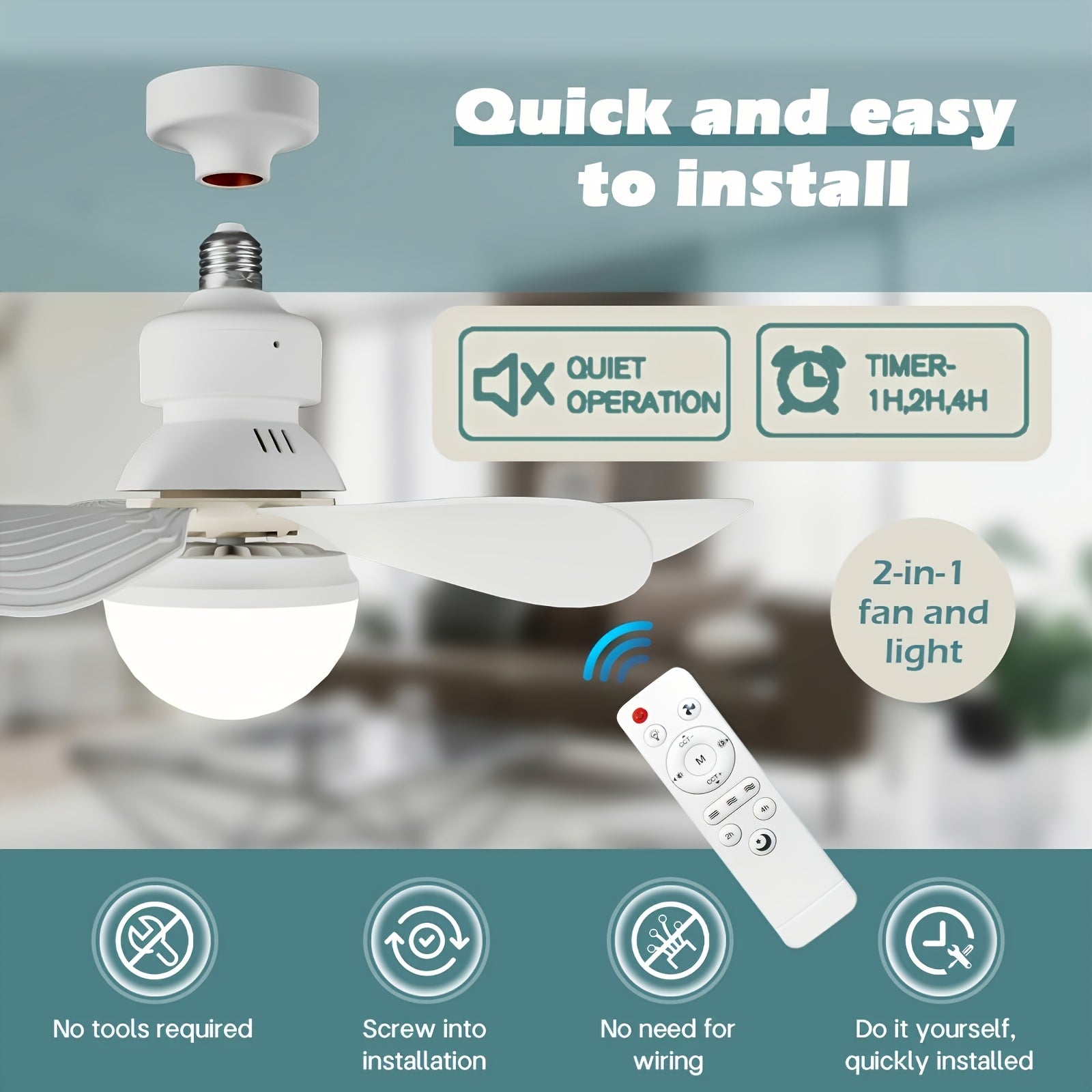 Remote Control Ceiling Fan Light, Integrated LED Lighting & Fan, 3-Speed Quiet Wind and 3 Color Temperature Adjustment 3000K-4500K-6500K, Tool-Free Installation & Timing Function, E26/E27 Interface 6-Blade Fan Light