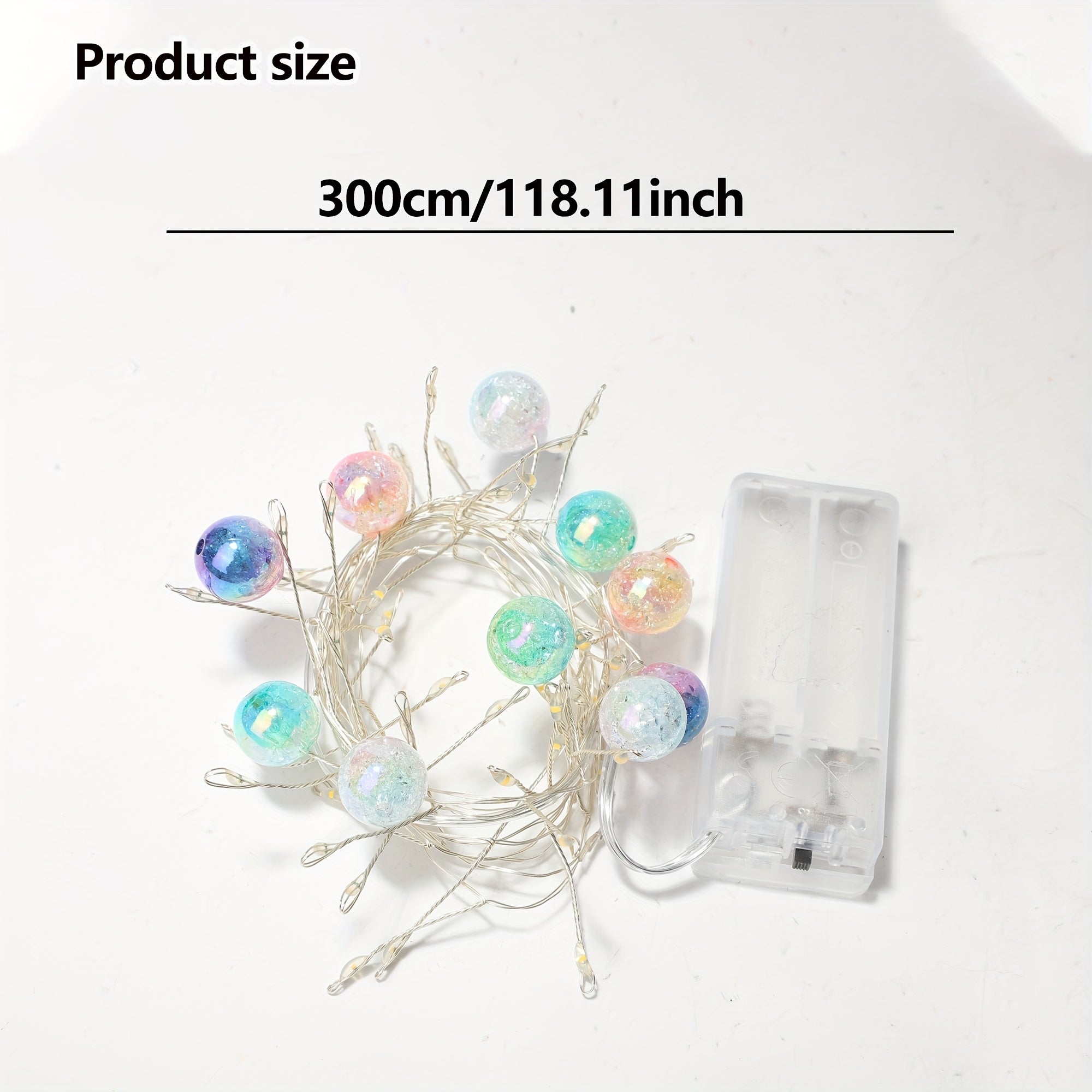 新款超长300厘米/118.11英寸LED渐变彩色冰裂球铜线装饰灯，带镭射珠子设计，适用于室内、办公室装饰、房间、派对、婚礼、礼物、毕业季装饰 - 无需电池