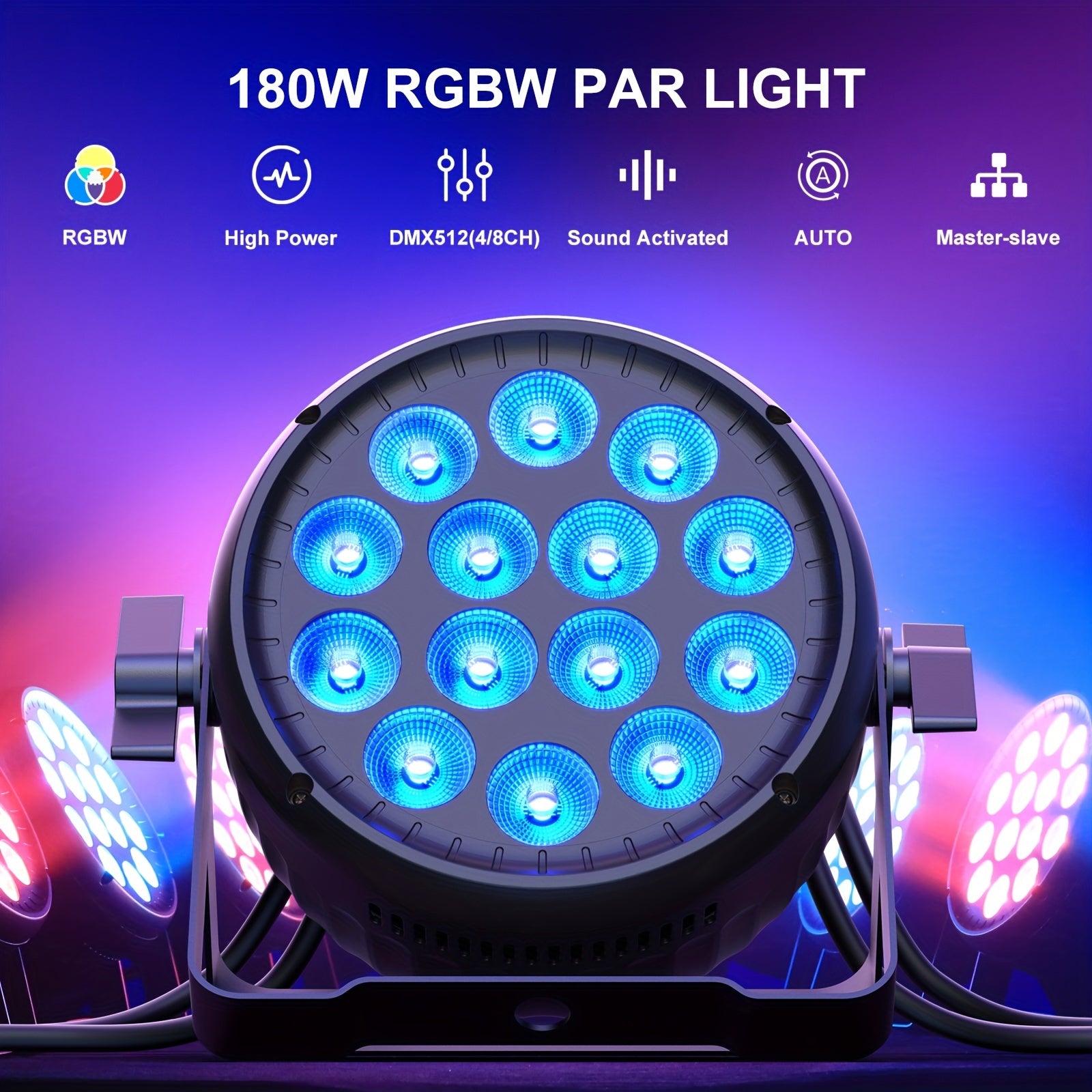 180W 14LED RGBW PAR light, controllable via DMX512 (4/8 channels), with auto sound activation, suitable for DJ events, parties, concerts, churches, weddings, theaters, as well as Christmas and Halloween holidays