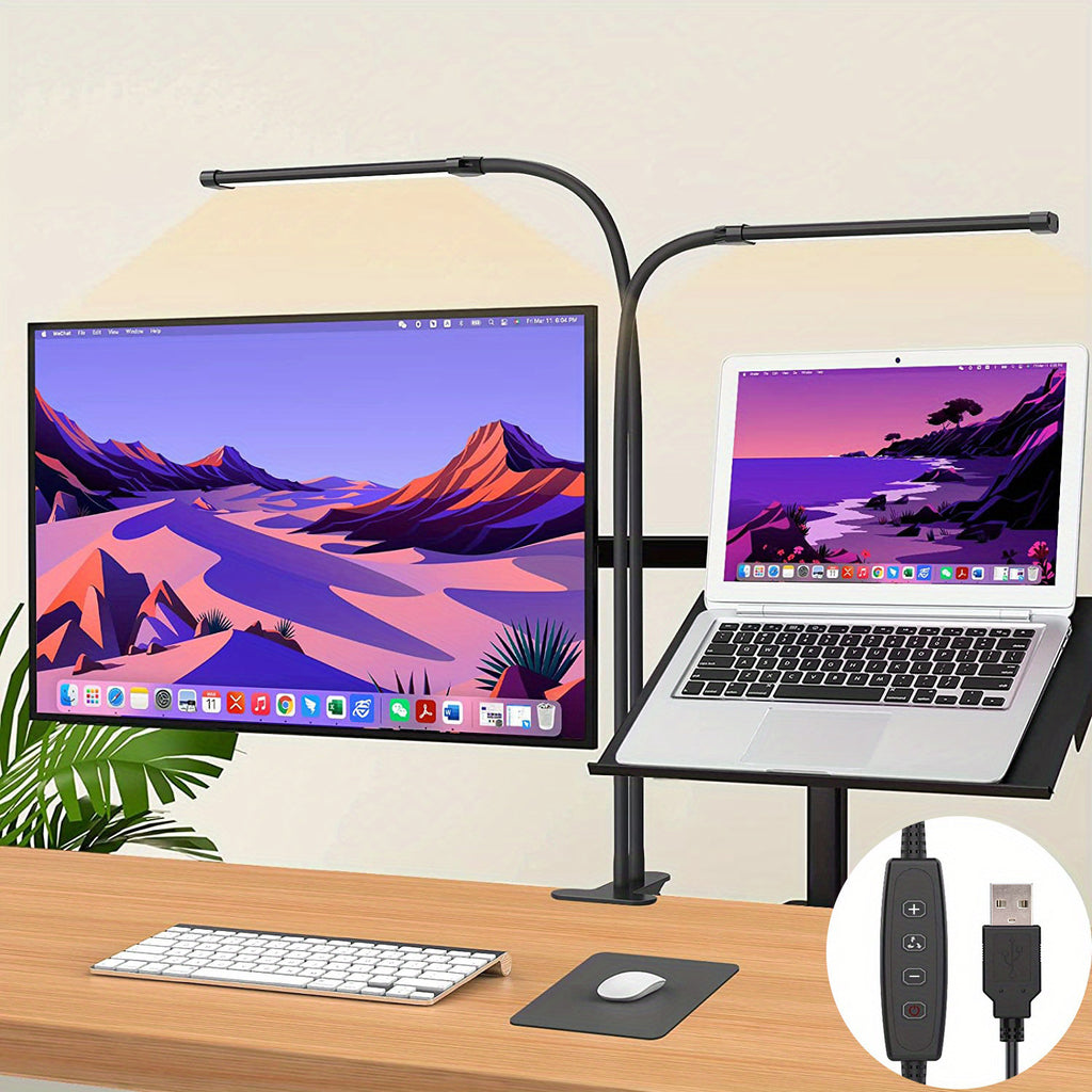 1 modern LED desk lamp, with 2 LED tubes, clip-on design, 3 color modes, 10 brightness levels, dimmable, flexible gooseneck, USB powered, switch control, plastic material, suitable for home office reading and task lighting