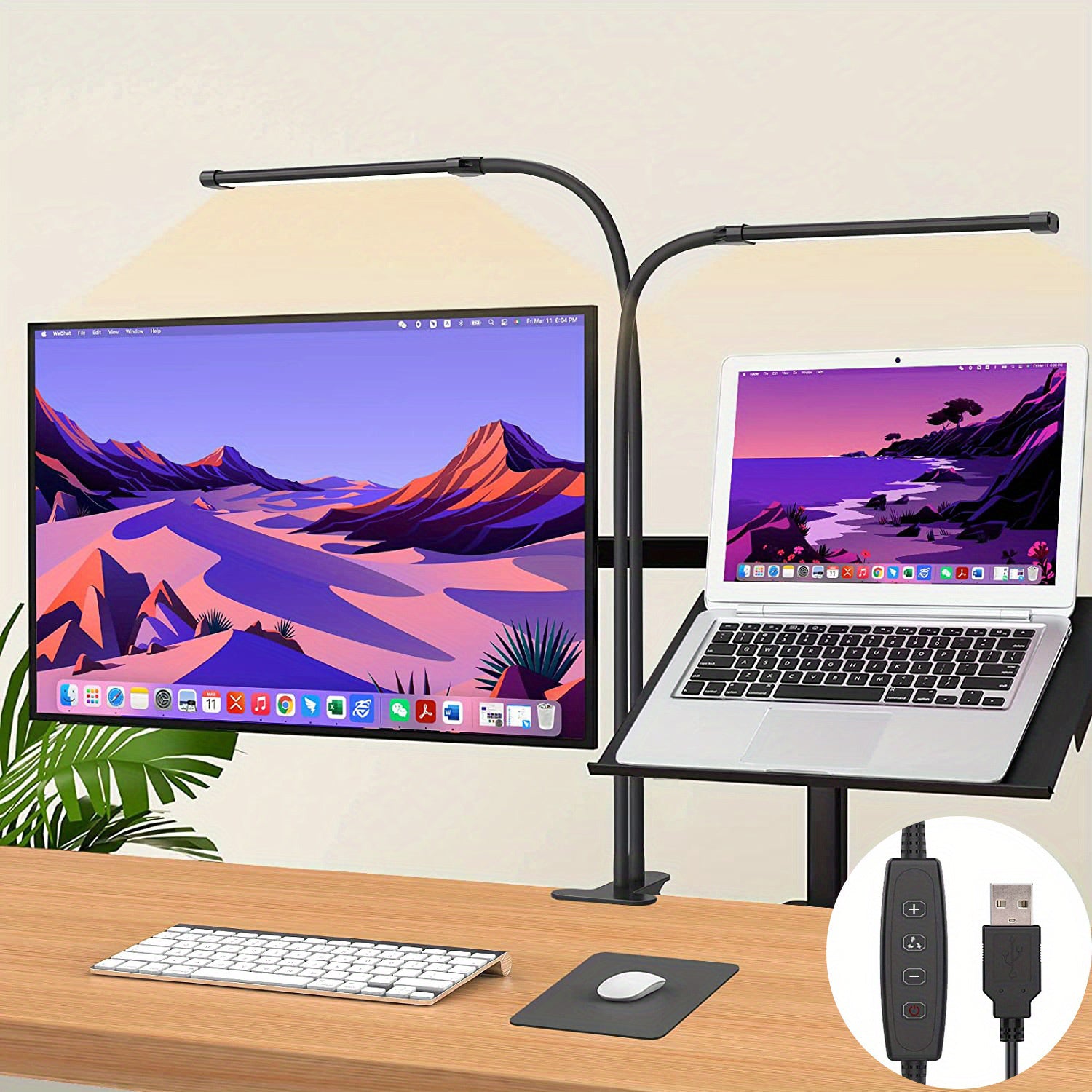 1 modern LED desk lamp, with 2 LED tubes, clip-on design, 3 color modes, 10 brightness levels, dimmable, flexible gooseneck, USB powered, switch control, plastic material, suitable for home office reading and task lighting