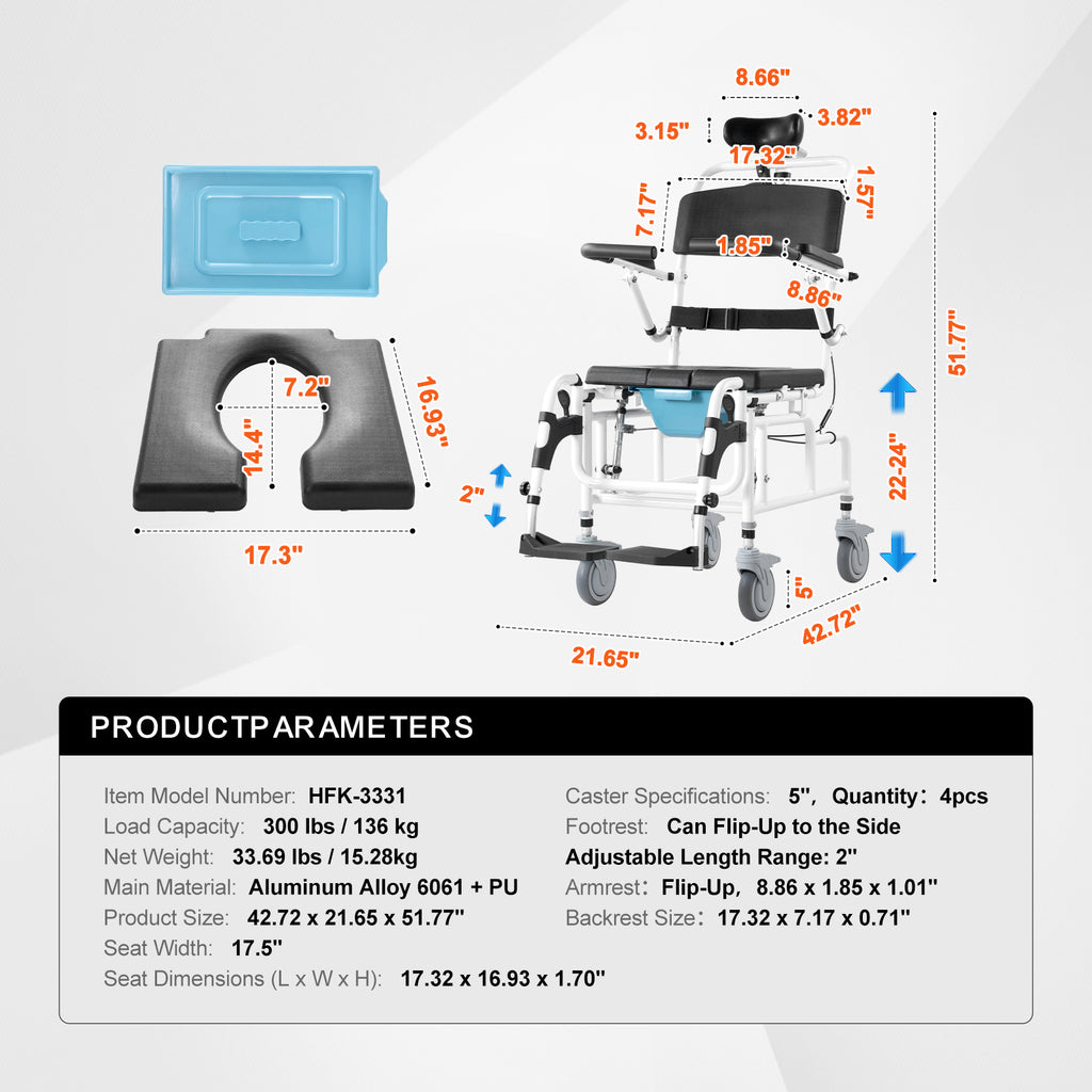 VEVOR 浴室轮椅 17.5英寸铝合金残疾人轮椅