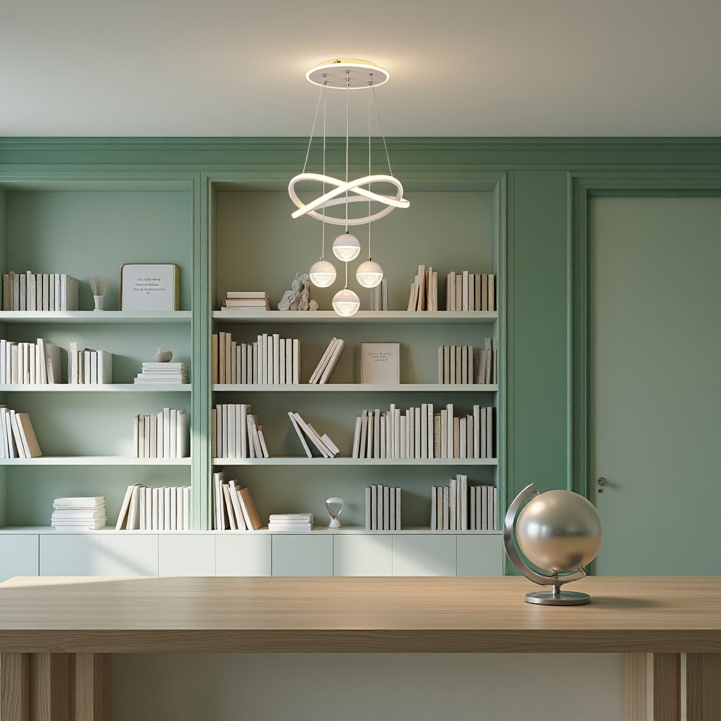 Stylish pendant light with four spherical lamp heads and a ring light, three color temperatures, height adjustable, suitable for dining room, bedroom, villa, living room, study