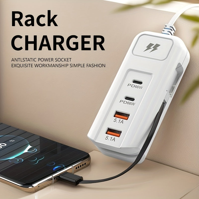 Electrical Socket with 2 USB Ports And 2 PD, Featuring 4 Outputs And a Type-C Cable, Versatile Plug Suitable for Home And Office Applications