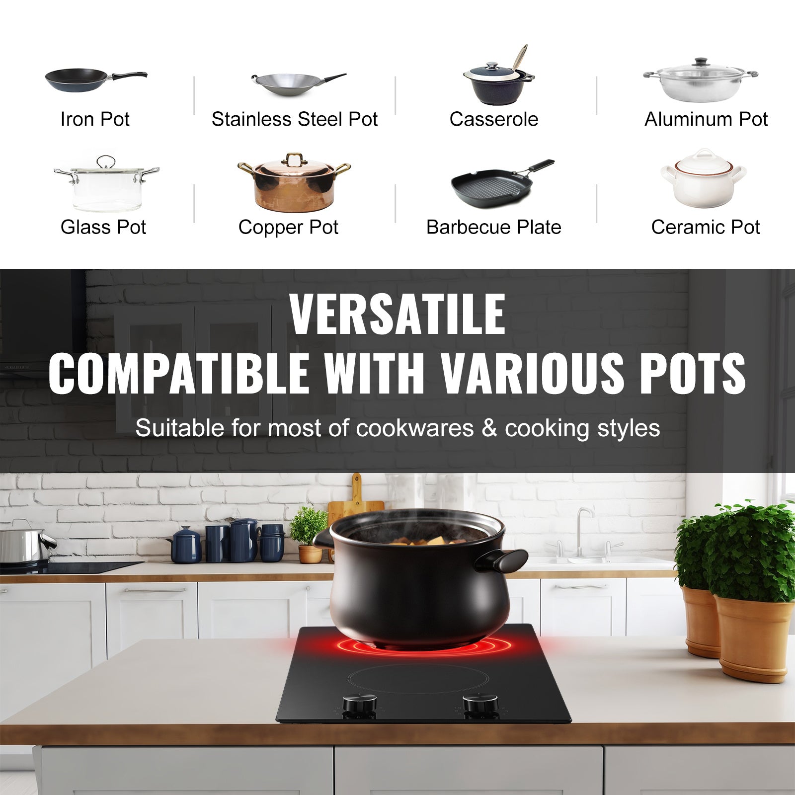 VEVOR Built-In Induction Cooktop Radiant Ceramic Stove 2 Burners 20.1 x 11.6 Inches/