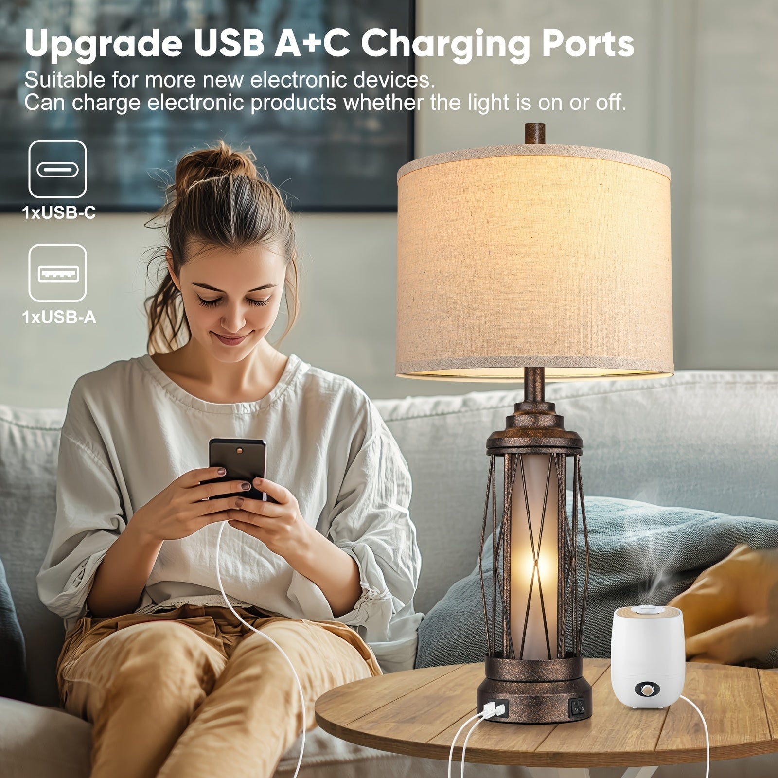 Farmhouse table lamp for living room, bedroom rustic nightstand lamp with USB C+A charging port, built-in frosted glass night light for entryway coffee table, includes 4 bulbs, bronze, suitable for Christmas and Halloween