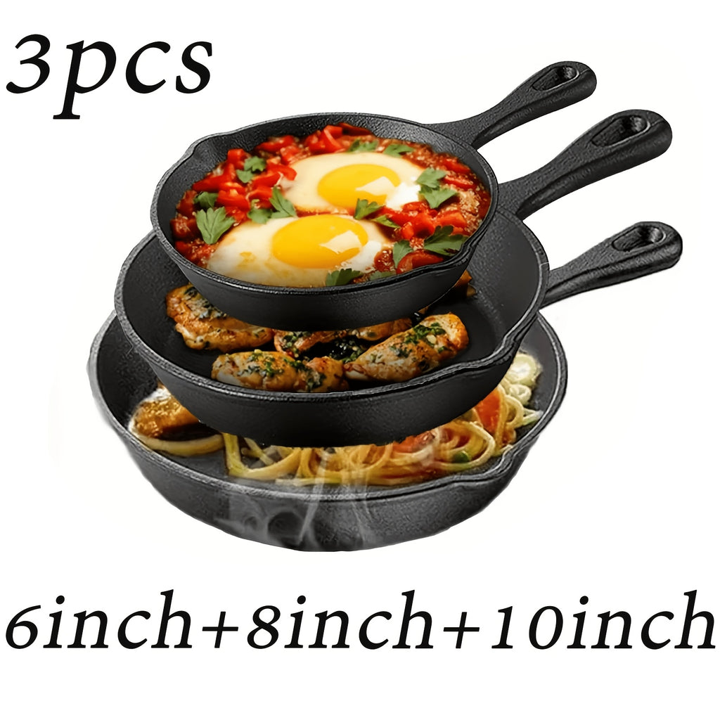 3/4 Pcs Cast Iron Skillet Set, Excellent Heat Retention, Indoor & Outdoor Cooking Available, Restaurant Chef Grade Frying Pan, Ideal for Cooking & Gifting, Local Warehouse Shipping