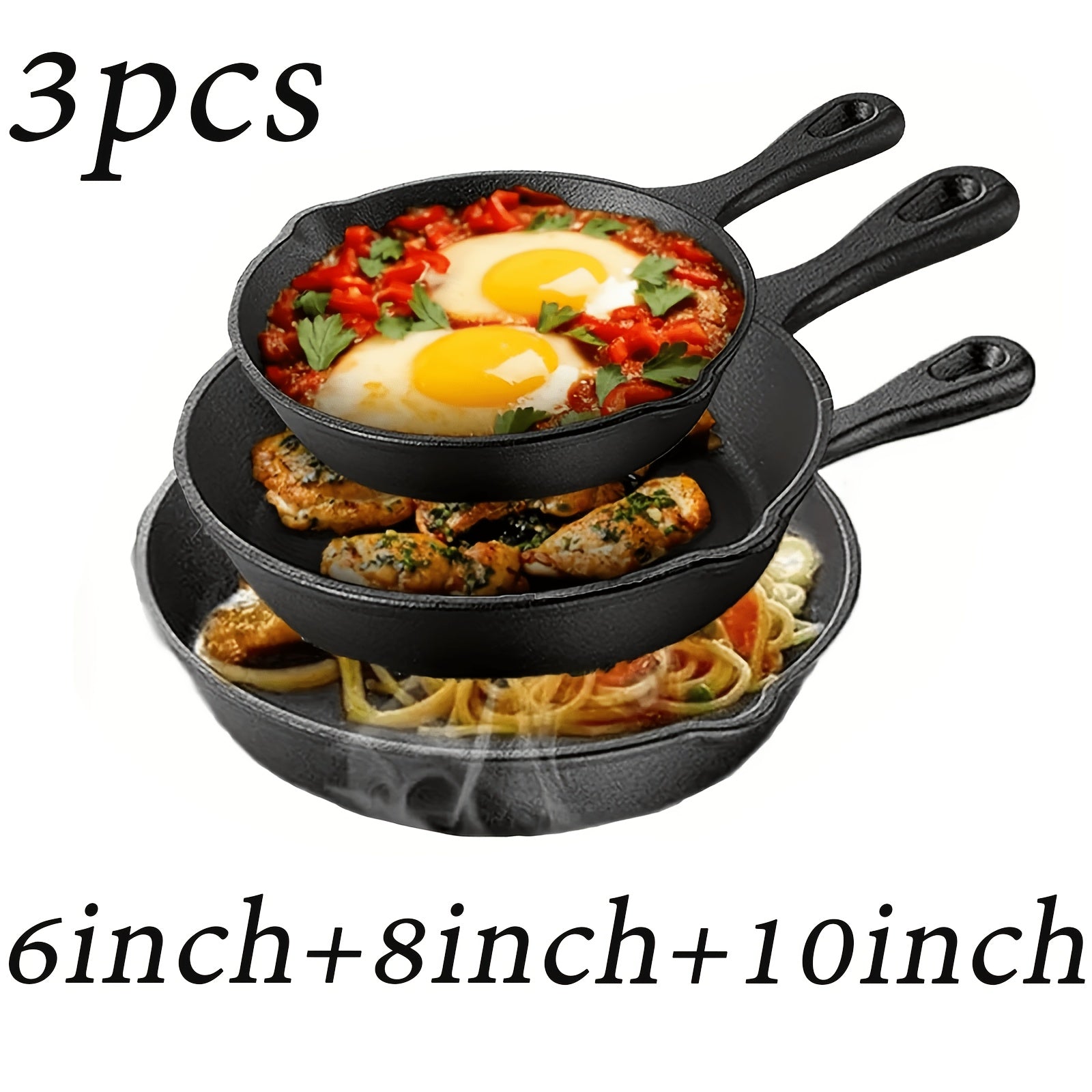 3/4 Pcs Cast Iron Skillet Set, Excellent Heat Retention, Indoor & Outdoor Cooking Available, Restaurant Chef Grade Frying Pan, Ideal for Cooking & Gifting, Local Warehouse Shipping