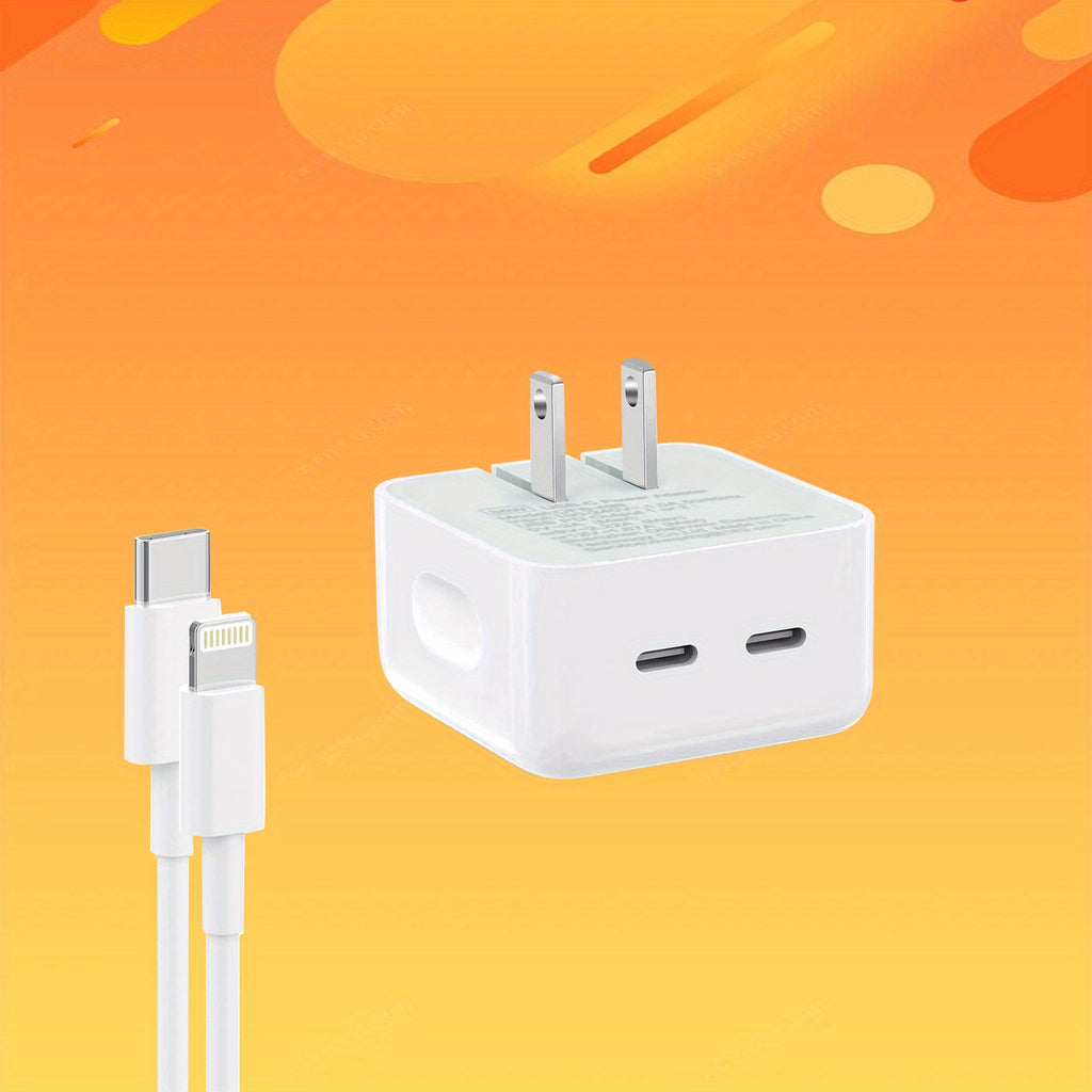 Foldable Dual USB-C Fast Charger - PD Power Adapter, Compatible [MFi Certified] for l Phone 13/ 14 Pro Max & More 4ft Fast Charging Cable Compact Wall Charger