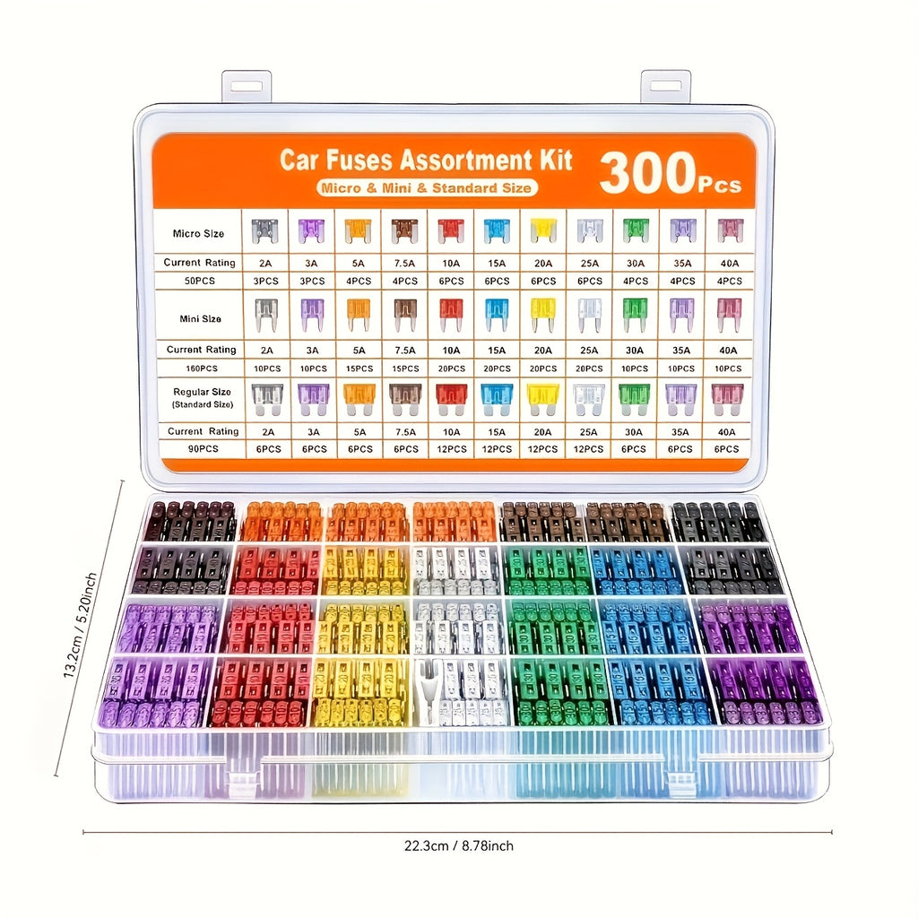 300 Pcs Automotive Fuse Assortment Kit, Includes 160 Mini, 90 Standard, 50 Micro Fuses, 1 Removal Tool - Aluminum, Mixed Color - Suitable for Cars, RVs, Trucks, Motorcycles - Wide Current Range (2A 3A 5A 7.5A 10A 15A 20A 25A 30A 35A 40A)