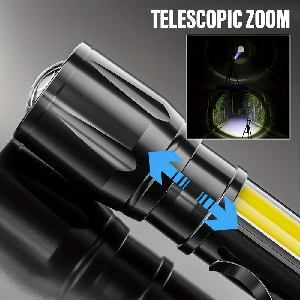 High Bright Mini Handheld Flashlight Rechargeable Camping Light Portable LED Light with High Bright COB Side Light Multiple Lighting Modes Retractable Zoom for Outdoor Camping Fishing