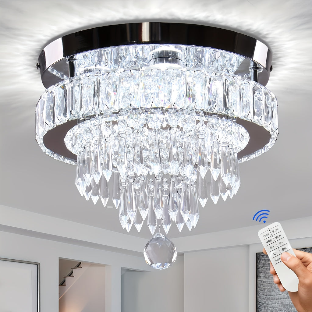 Remote Control Dimmable LED Crystal Ceiling Light - 11.8-Inch Modern Pendant Light with 3 Adjustable Light Colors, Suitable for Bedroom, Living Room and Hallway