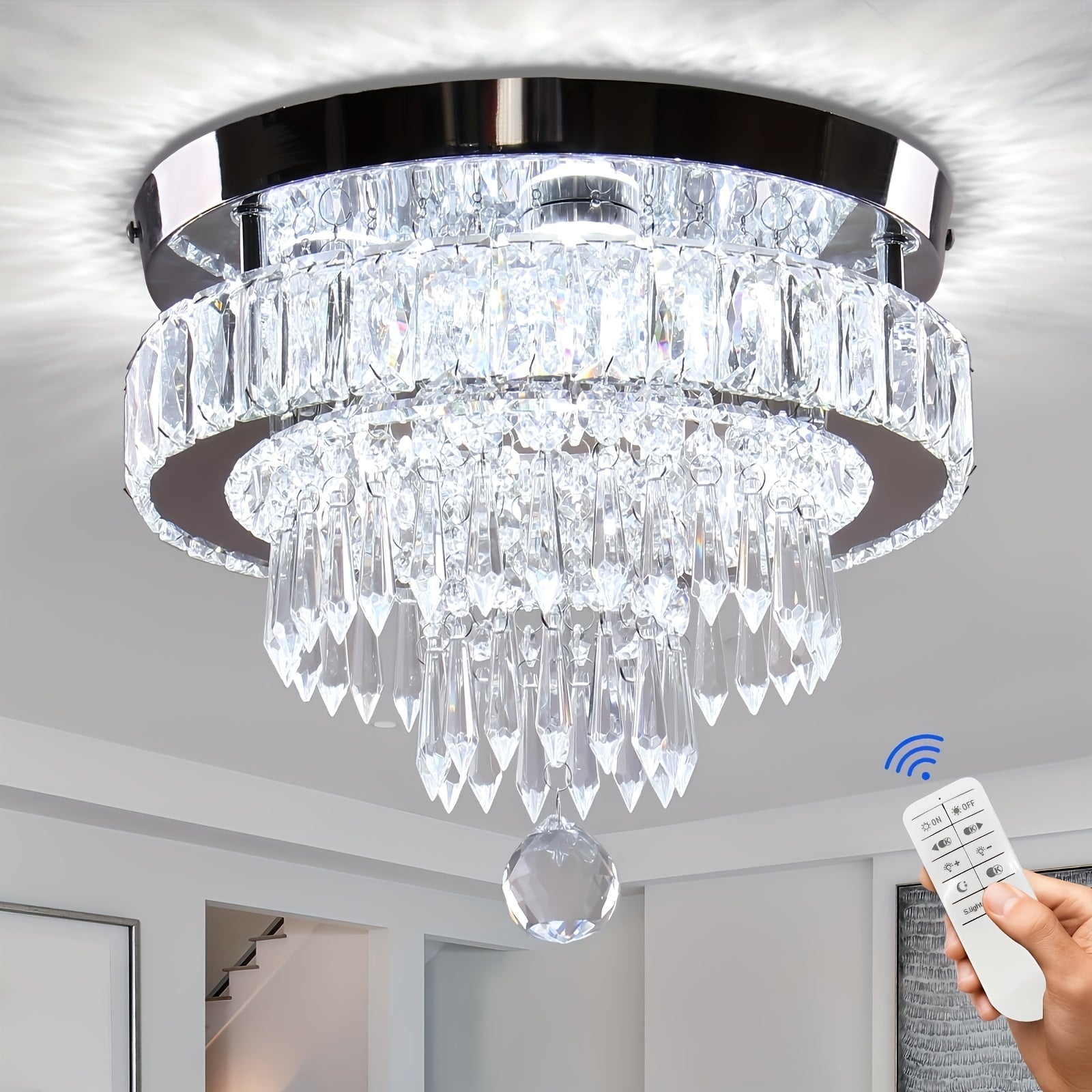 Remote Control Dimmable LED Crystal Ceiling Light - 11.8-Inch Modern Pendant Light with 3 Adjustable Light Colors, Suitable for Bedroom, Living Room and Hallway