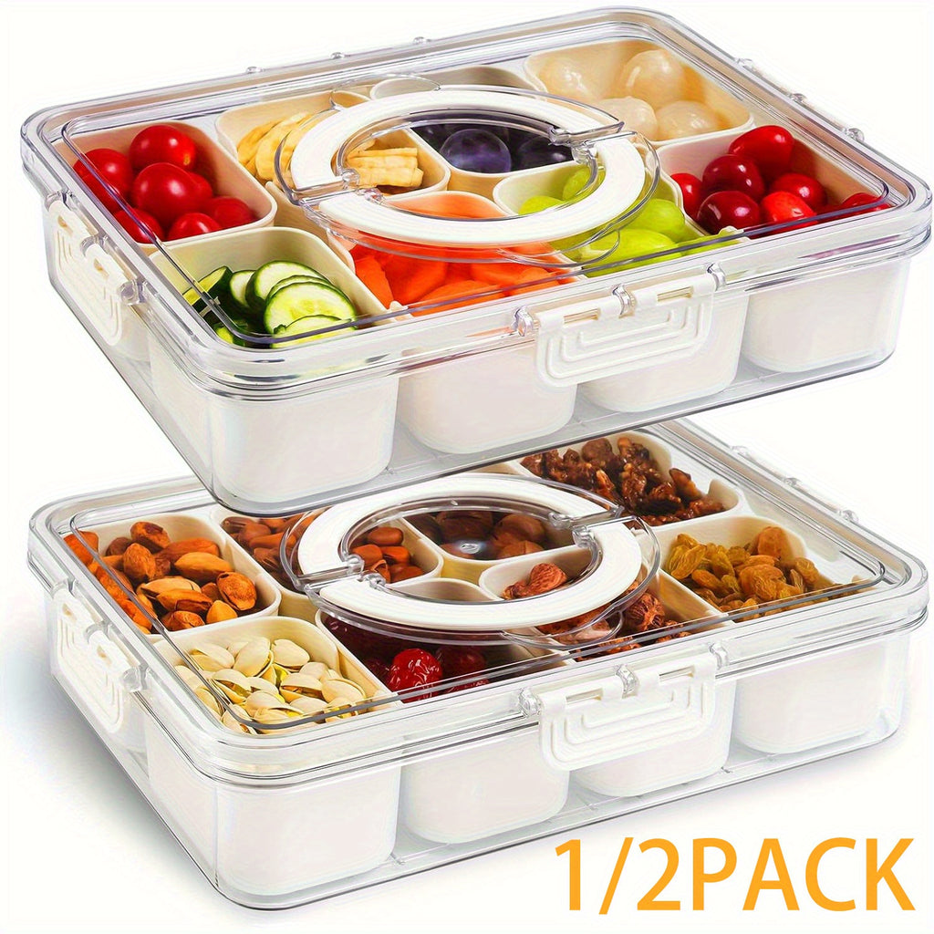 1/2 Pack Divided Tray with Lid and Handle, 8-Grid Freezer Plastic Snack Box, Transparent Portable Snack Box with Buckle Lid, Perfect for Fruits, Vegetables, Salad, Nuts, Ideal for Travel, Camping, Picnic and Lunch Box Organization