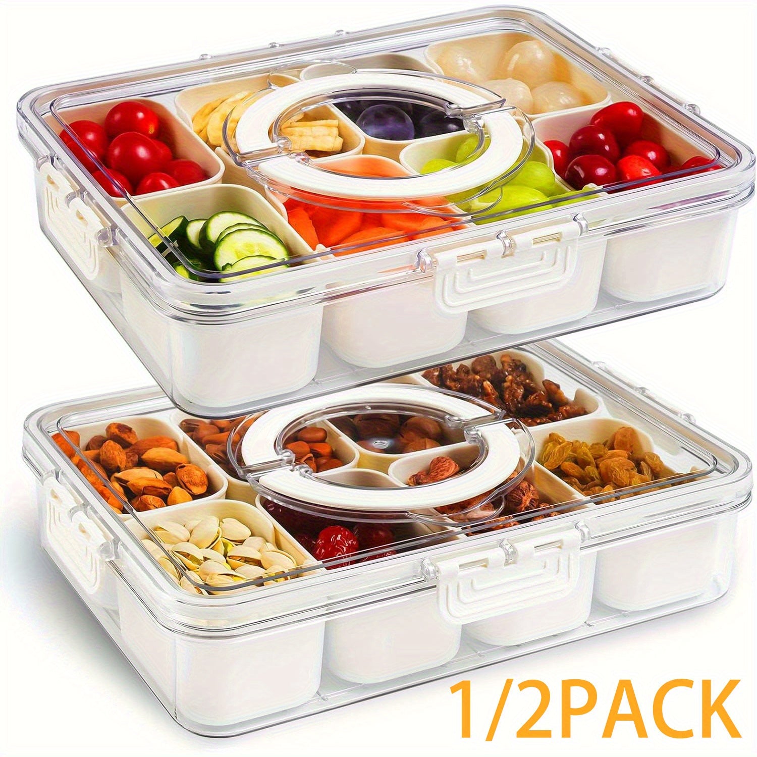 1/2 Pack Divided Tray with Lid and Handle, 8-Grid Freezer Plastic Snack Box, Transparent Portable Snack Box with Buckle Lid, Perfect for Fruits, Vegetables, Salad, Nuts, Ideal for Travel, Camping, Picnic and Lunch Box Organization