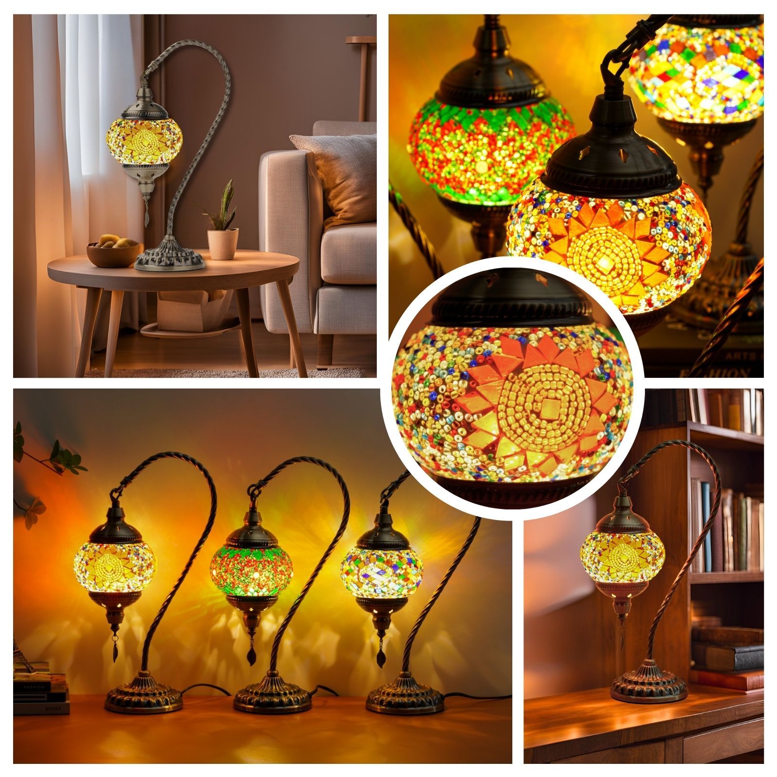 Turkish mosaic table lamp, Moroccan style metal base three-color handmade swan neck mosaic glass bedside lamp, suitable for bedroom and living room (bulb included)