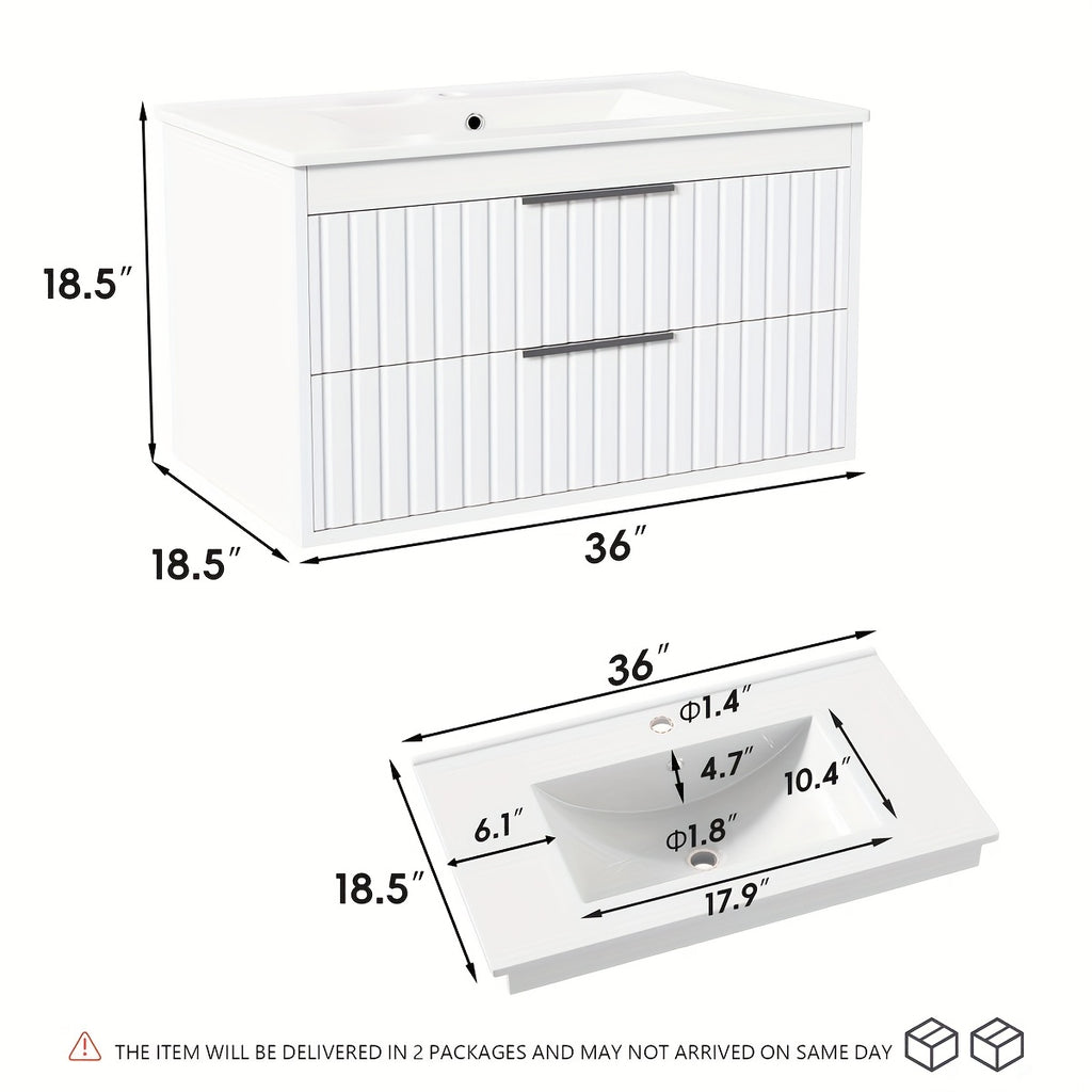 Bathroom Vanity with Sink - Wall Mount Floating Basin Cabinet, Soft-Close 2 Large Drawers, Modern Textured Stripe Design, Hidden Damping Drawers