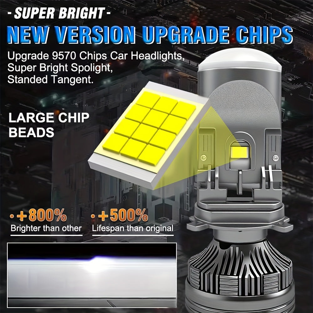 2个LED H4 LED大灯迷你透镜LED 52000流明 H4/9003/HB2-QD086汽车灯高低光束Canbus 9570 CSP芯片LED灯泡12V，摩托车前灯7000K白色，无电池