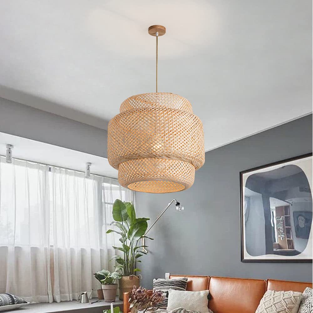 Three-layer rattan pendant light – 19.7-inch hand-woven natural dome light fixture, with 59-inch adjustable hanging rope, bohemian style chandelier, suitable for living room, dining room or entryway – compatible with E26 bulb (bulb not included)