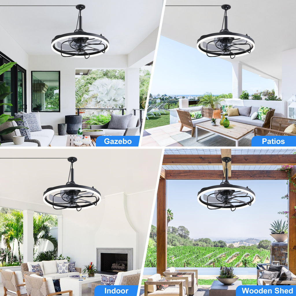 20 Inch Outdoor Ceiling Fan with Light, 6-Speed Dimmable Remote Control Ceiling Fan, Waterproof Reversible Ceiling Fan Light with Hook, Plug-In Caged Ceiling Fan for Porch, Gazebo, Patio, Pergola, Living Room