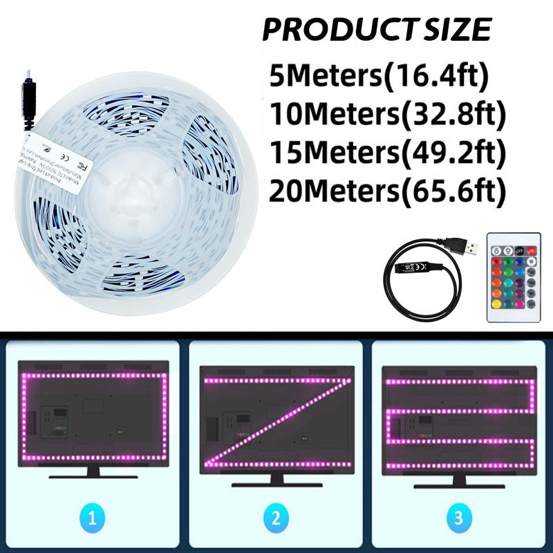 196.85-787.4英寸柔性RGB LED灯带，配备24键遥控器，USB供电，可裁剪，适用于电视、电脑背光及家居氛围装饰