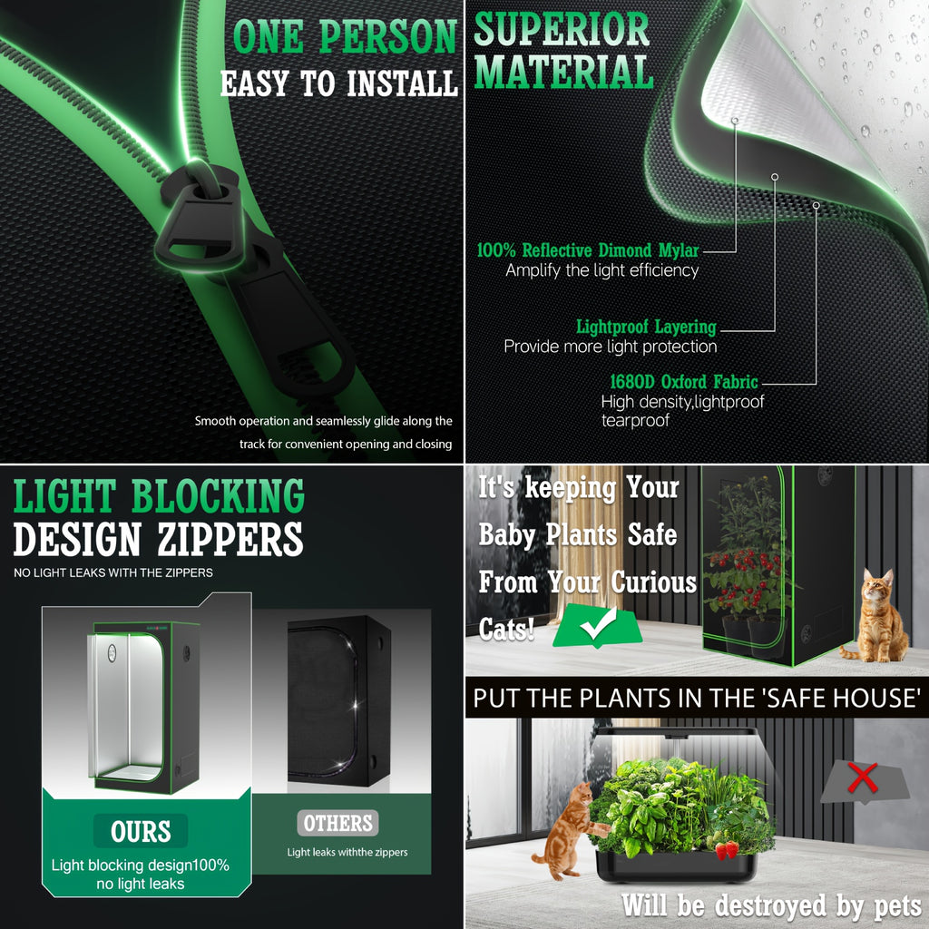 1800D Material 48x24x60 Inch (≈4x2 Ft) Hydroponic Grow Tent, Optional Accessory Kit: 100W Dimmable LED Light, 8ft Ducting, 4"/6" Vents, Optional Standard Independent Fan & Filter Combo or New Integrated Fan-Filter Unit