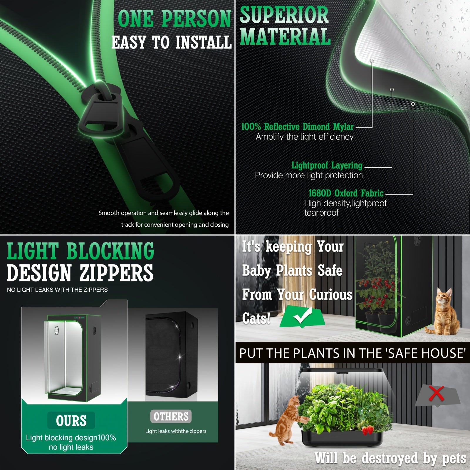 1800D Material 48x24x60 Inch (≈4x2 Ft) Hydroponic Grow Tent, Optional Accessory Kit: 100W Dimmable LED Light, 8ft Ducting, 4"/6" Vents, Optional Standard Independent Fan & Filter Combo or New Integrated Fan-Filter Unit