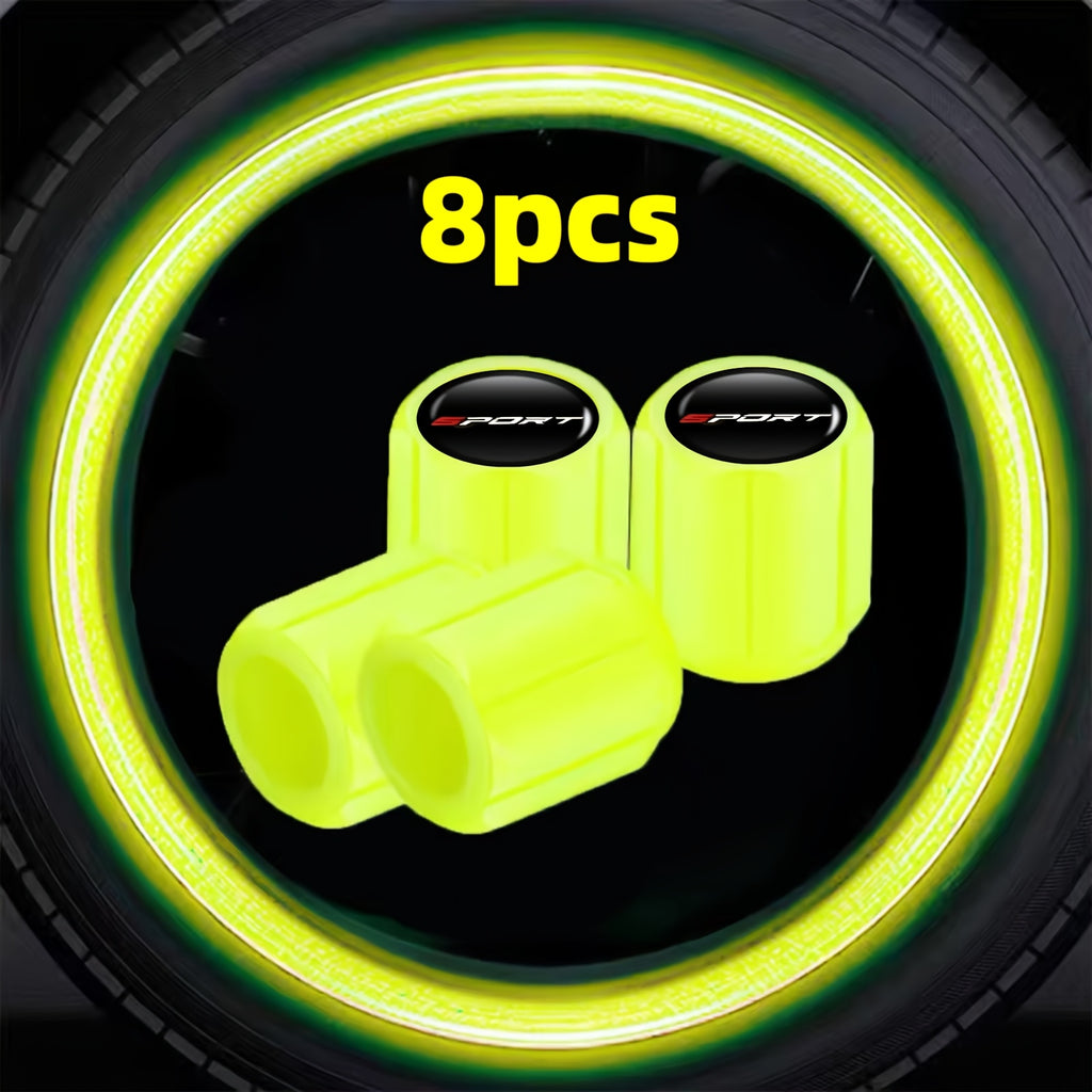 2025 New First Release 8-Pack Fluorescent Valve Caps with Sport Logo, Durable Material Structure, Snug Fit for Valve Core Protection - Suitable for Car, Motorcycle and Other Vehicle Valve Stems