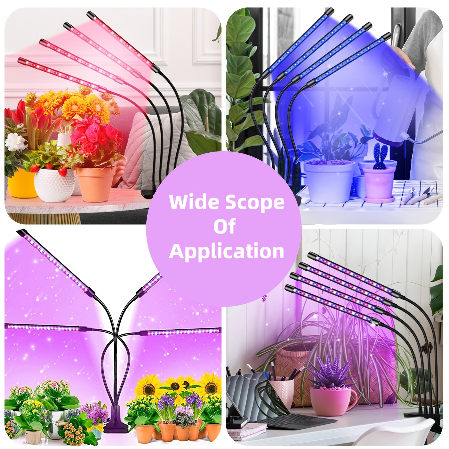1PC Full Spectrum 4-Head Adjustable LED Plant Grow Light, 3 Light Modes, 9 Dimmable Brightness Levels, 3H/6H/9H Timing Function, USB Powered, Suitable for Succulents, Green Plants, Flowers, Seedling Cultivation and Hydroponics