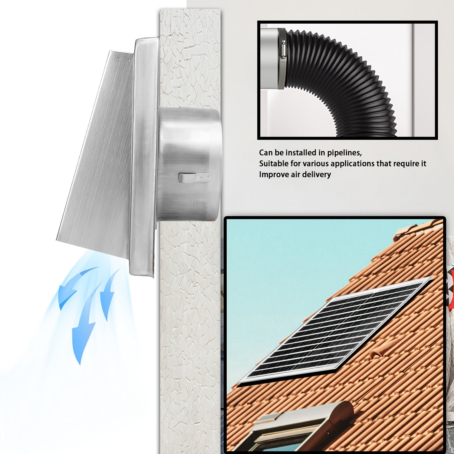 Wall-Mounted Solar Exhaust Fan, 8W Solar Panel + Φ110mm Ventilation Fan, Stainless Steel Metal Shell Protection, High Speed Large Airflow Exhaust Fan, Ventilation and Heat Dissipation Solution for Attic, Warehouse, Garage and Kitchen